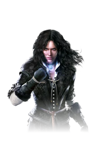 Official Witcher 3 Remastered character render of Yennefer of Vengerberg in black clothing.