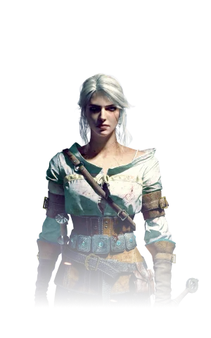 Official Witcher 3 Remastered character render of Ciri with white hair and a sword.