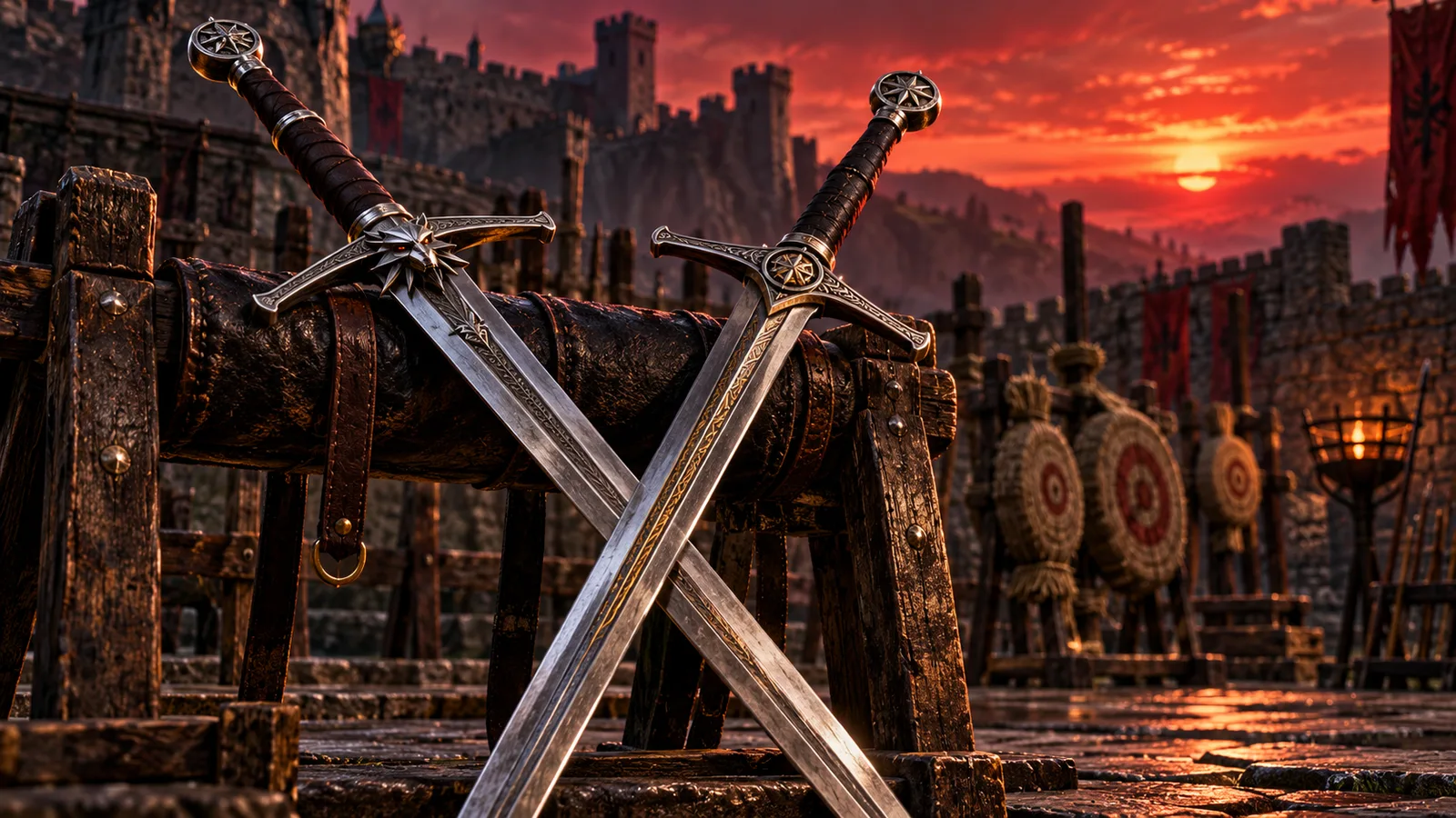 AI-assisted thematic illustration of two crossed fantasy swords at a fortified training ground at sunset