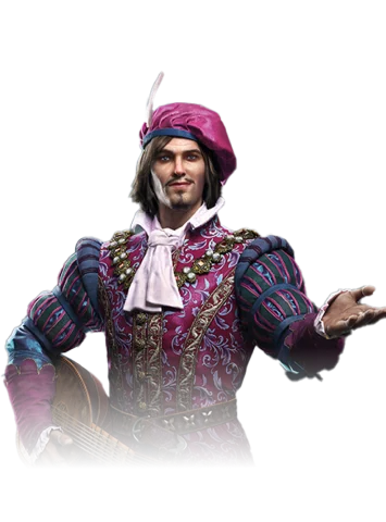 Official Witcher 3 Remastered character render of Dandelion in a plum-colored hat and doublet.