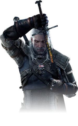 Official Witcher 3 Remastered character render of Geralt of Rivia carrying two swords.