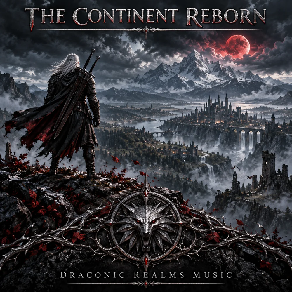 Original cover art for The Continent Reborn, showing a white-haired swordsman above a mountain kingdom beneath a red moon