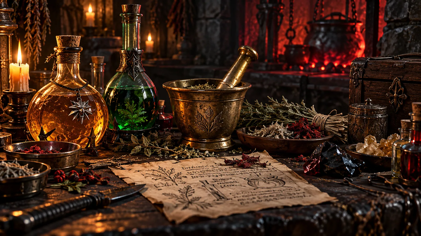 AI-assisted thematic illustration of potions, herbs, a mortar and handwritten notes on an alchemist's workbench